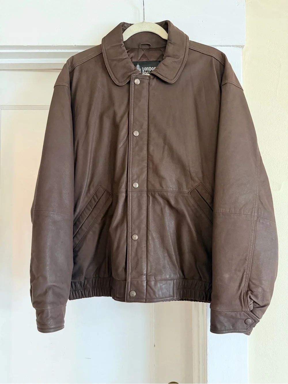 London Fog Brown Leather Bomber Jacket with Snap Front - Picture 2 of 5